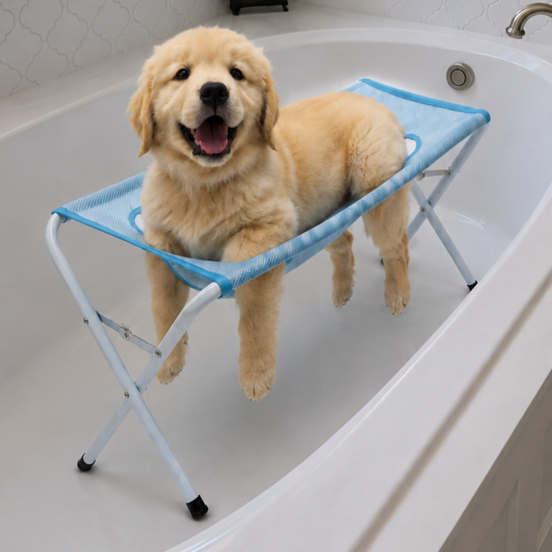 Foldable Pet Grooming & Bathing Stand — Non-Slip Mesh with Paw Cut-Outs
