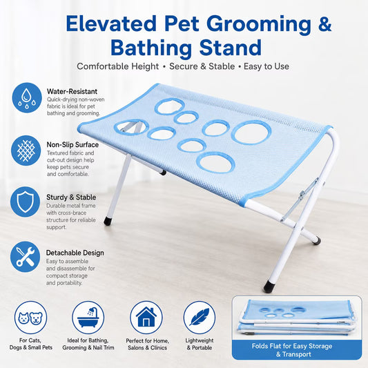Foldable Pet Grooming & Bathing Stand — Non-Slip Mesh with Paw Cut-Outs